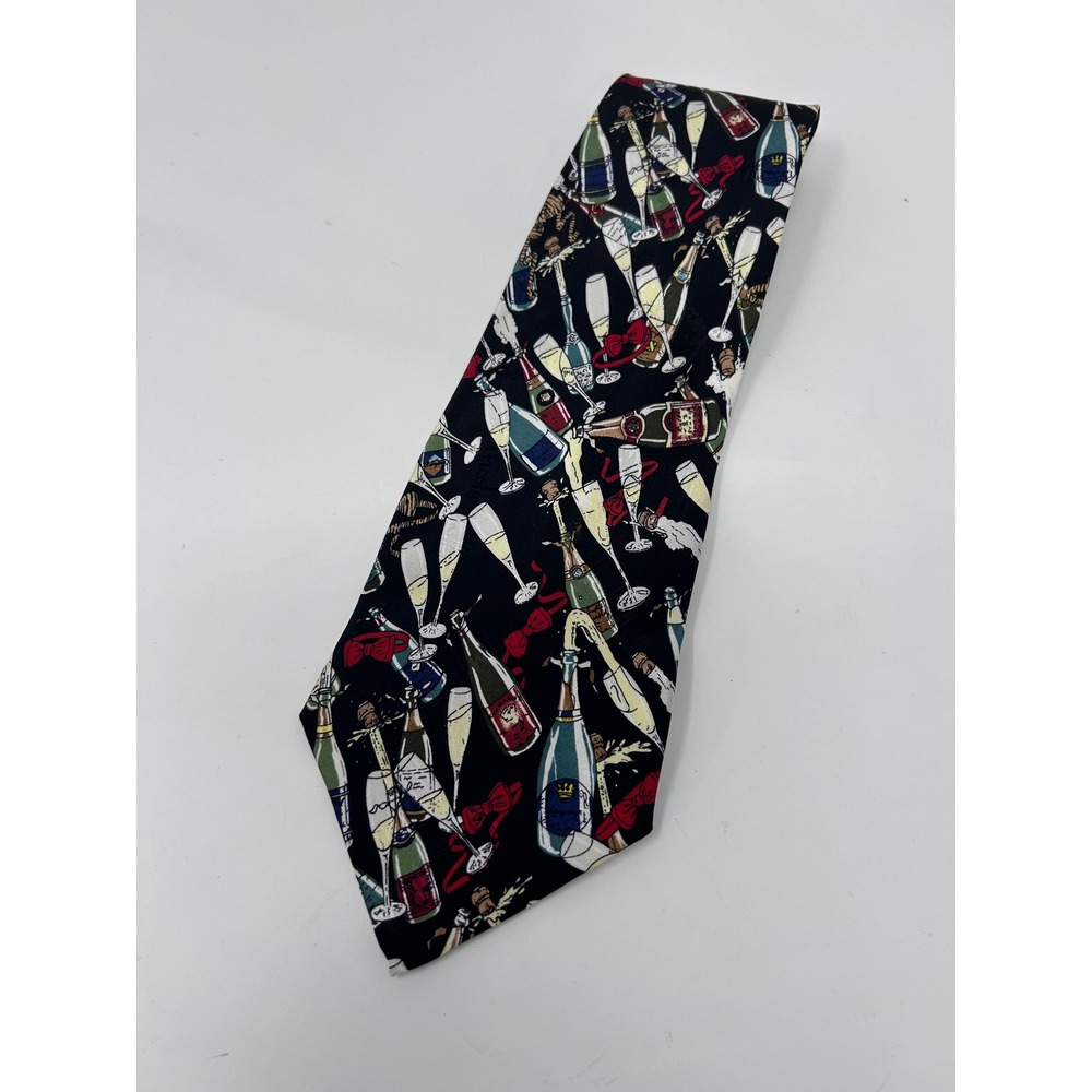 Nicole Miller 1997 Vintage Champagne Bottle Silk Tie Black Festive Celebration